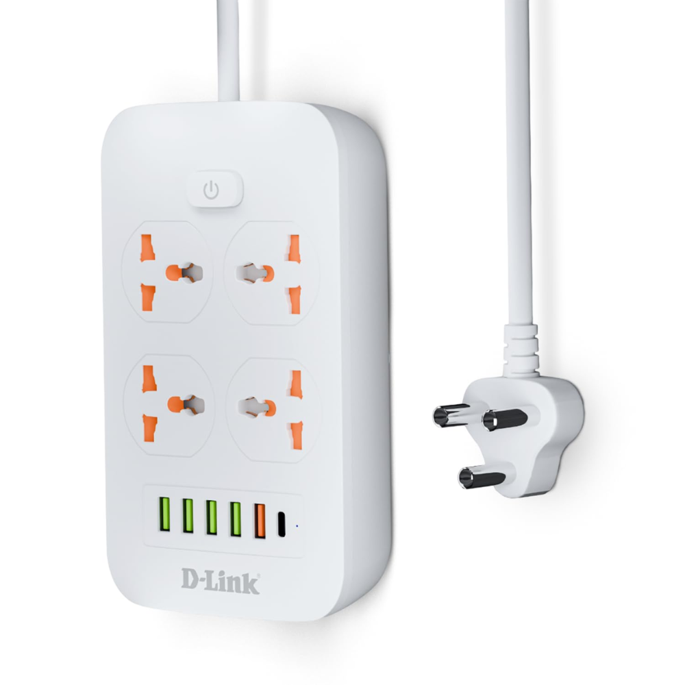 D-Link Power Strip with 4 Universal Sockets with Child Security + 5 USB Ports + 1 Type-C Port, High Temperature Fuse Protector, 1500W with 2 Meter Cable, 250 Volts, White