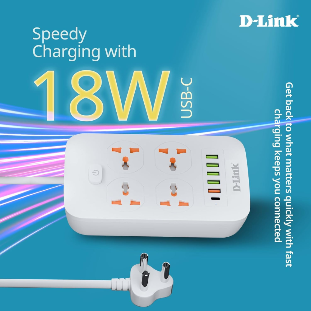 D-Link Power Strip with 4 Universal Sockets with Child Security + 5 USB Ports + 1 Type-C Port, High Temperature Fuse Protector, 1500W with 2 Meter Cable, 250 Volts, White - Image 2