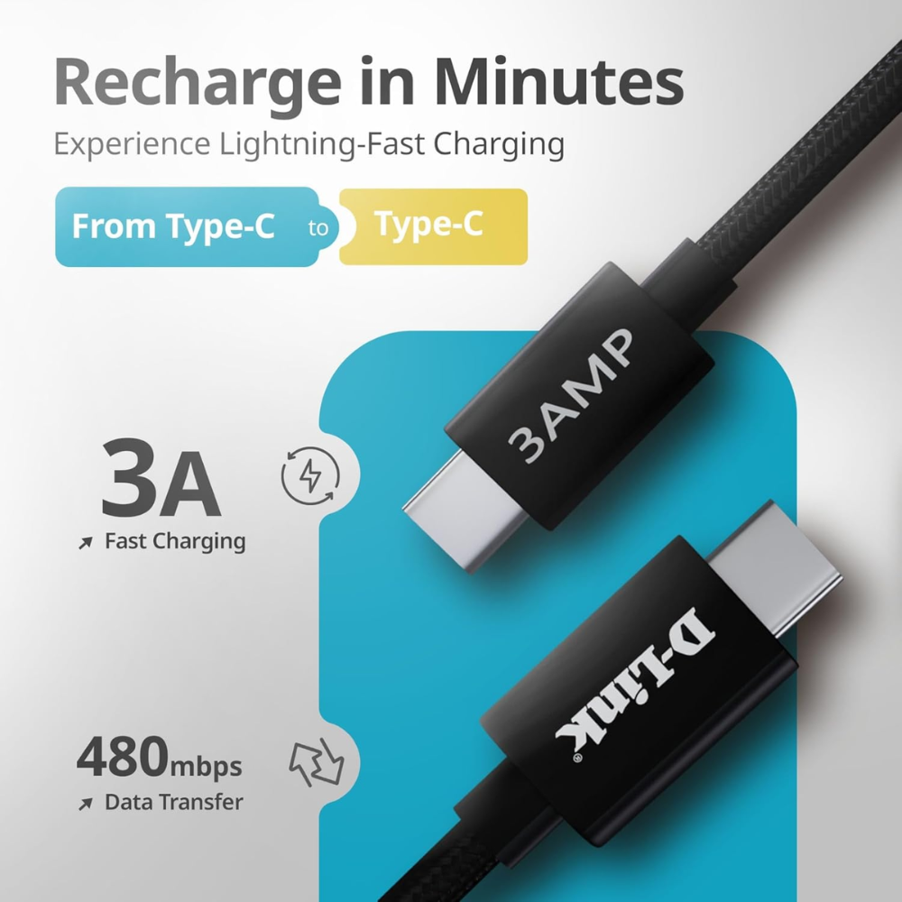 D-Link DPA-FC301 || 65W Type-C to Type-C Fast Charging Cable | 1.5m Braided | 3.0A Output | Nylon Tangle-Free | Metal Connector | High-Speed 480 Mbps Data Transfer (Black) - Image 2