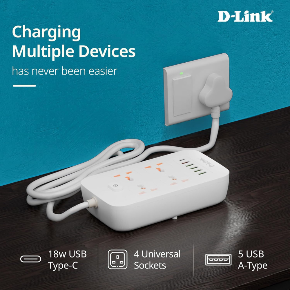 D-Link Power Strip with 4 Universal Sockets with Child Security + 5 USB Ports + 1 Type-C Port, High Temperature Fuse Protector, 1500W with 2 Meter Cable, 250 Volts, White - Image 3