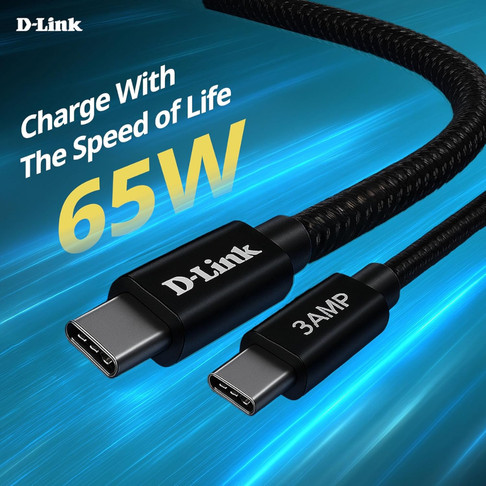 D-Link DPA-FC301 || 65W Type-C to Type-C Fast Charging Cable | 1.5m Braided | 3.0A Output | Nylon Tangle-Free | Metal Connector | High-Speed 480 Mbps Data Transfer (Black) - Image 3