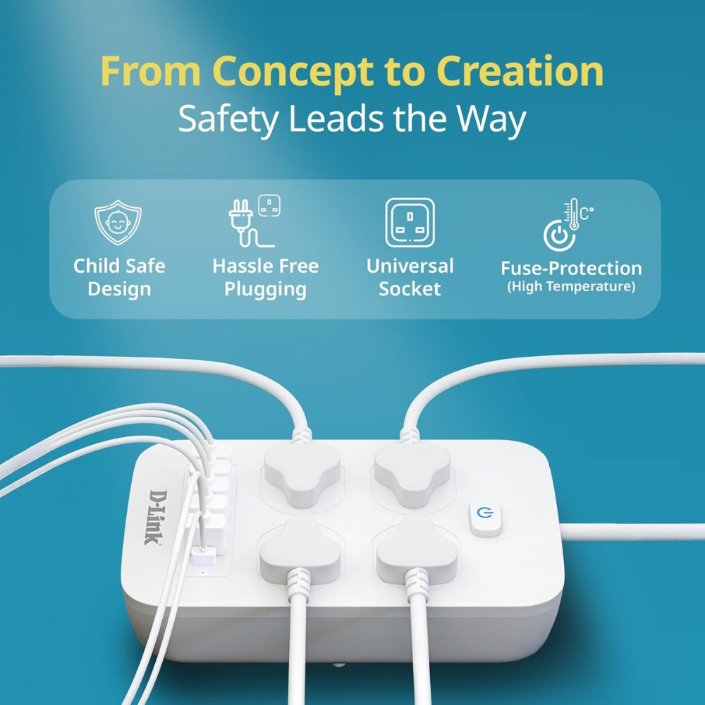 D-Link Power Strip with 4 Universal Sockets with Child Security + 5 USB Ports + 1 Type-C Port, High Temperature Fuse Protector, 1500W with 2 Meter Cable, 250 Volts, White - Image 4