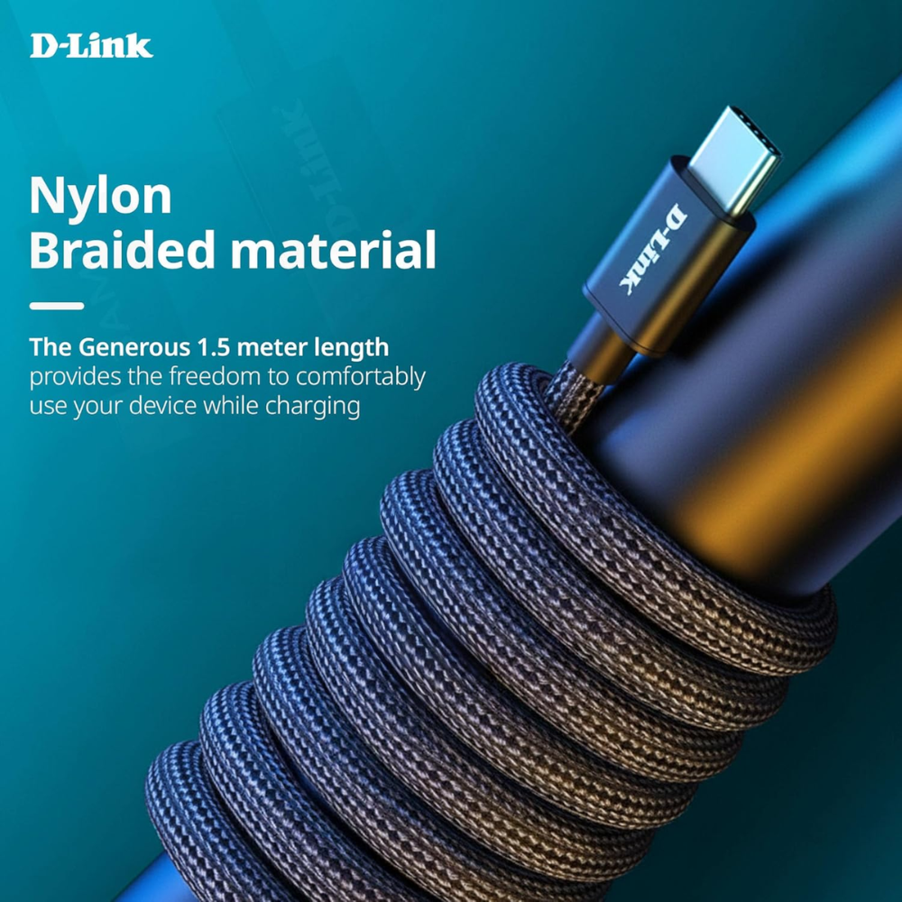 D-Link DPA-FC301 || 65W Type-C to Type-C Fast Charging Cable | 1.5m Braided | 3.0A Output | Nylon Tangle-Free | Metal Connector | High-Speed 480 Mbps Data Transfer (Black) - Image 4
