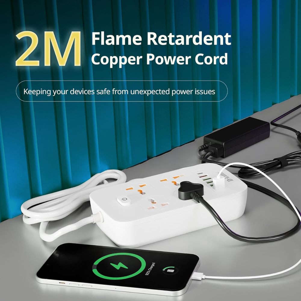 D-Link Power Strip with 4 Universal Sockets with Child Security + 5 USB Ports + 1 Type-C Port, High Temperature Fuse Protector, 1500W with 2 Meter Cable, 250 Volts, White - Image 5