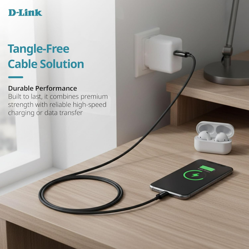 D-Link DPA-FC301 || 65W Type-C to Type-C Fast Charging Cable | 1.5m Braided | 3.0A Output | Nylon Tangle-Free | Metal Connector | High-Speed 480 Mbps Data Transfer (Black) - Image 5