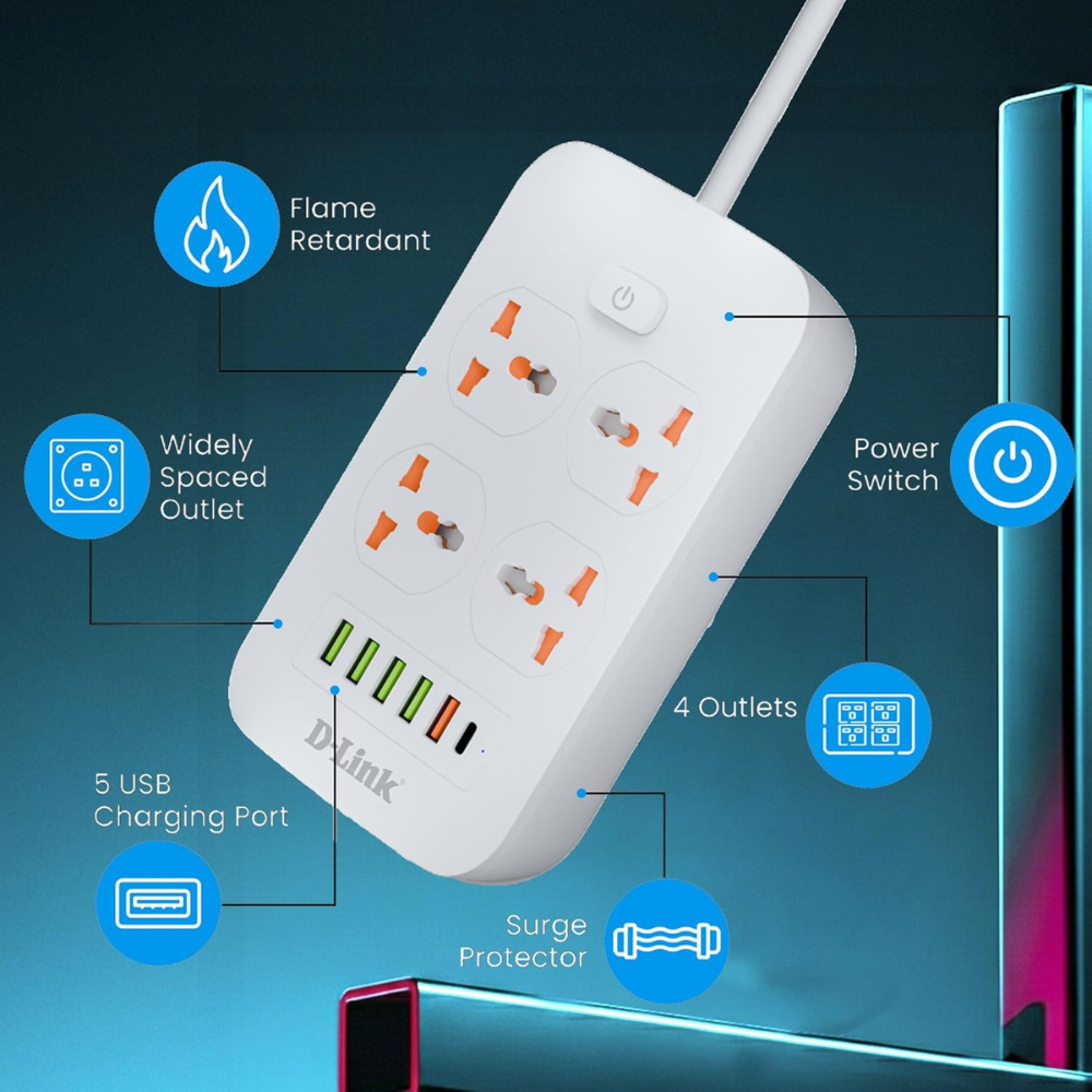 D-Link Power Strip with 4 Universal Sockets with Child Security + 5 USB Ports + 1 Type-C Port, High Temperature Fuse Protector, 1500W with 2 Meter Cable, 250 Volts, White - Image 6