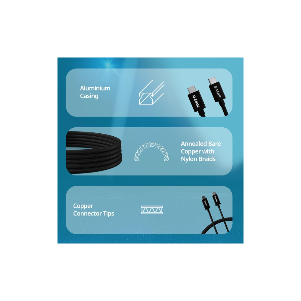 D-Link DPA-FC301 || 65W Type-C to Type-C Fast Charging Cable | 1.5m Braided | 3.0A Output | Nylon Tangle-Free | Metal Connector | High-Speed 480 Mbps Data Transfer (Black) - Image 6