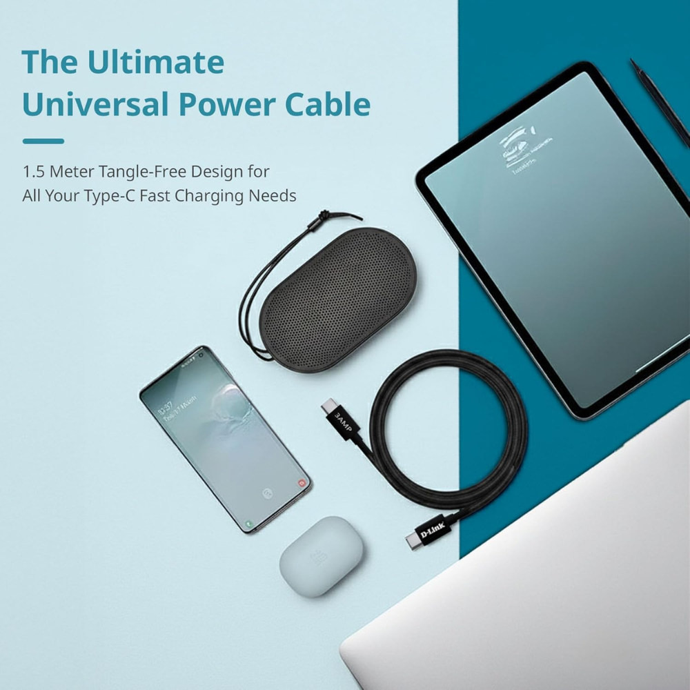 D-Link DPA-FC301 || 65W Type-C to Type-C Fast Charging Cable | 1.5m Braided | 3.0A Output | Nylon Tangle-Free | Metal Connector | High-Speed 480 Mbps Data Transfer (Black) - Image 7