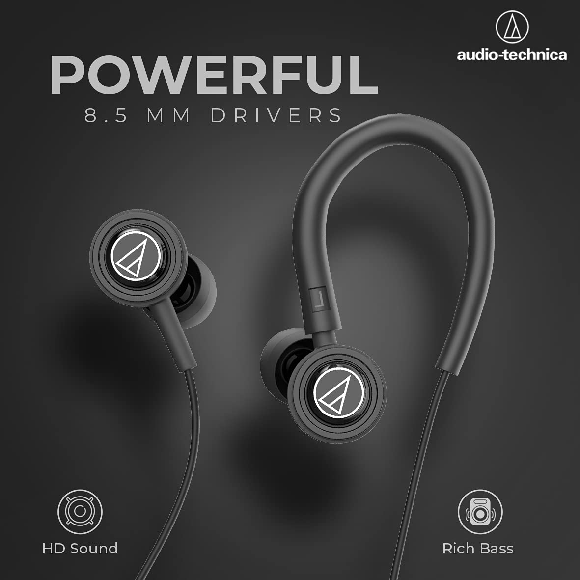 Audio-Technica Sonic Sport in-Ear Wired Earphones with Snap On/Off Ear Hooks, in-line Mic & Control, 8.5mm Powerful Drivers for Clear Sound & Rich Bass, Sound Isolation & Comfort Fit - Image 6