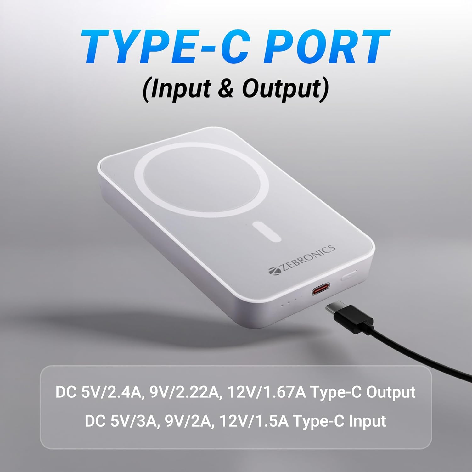 ZEBRONICS MW63 Wireless Power Bank, 10000 mAh, Rapid Charge, Magsafe, Outputs - 20W Wired | 15W Wireless, Type C PD, Built in Protections, LED Indicator, Compatible with iPhone, Made in India - Image 5