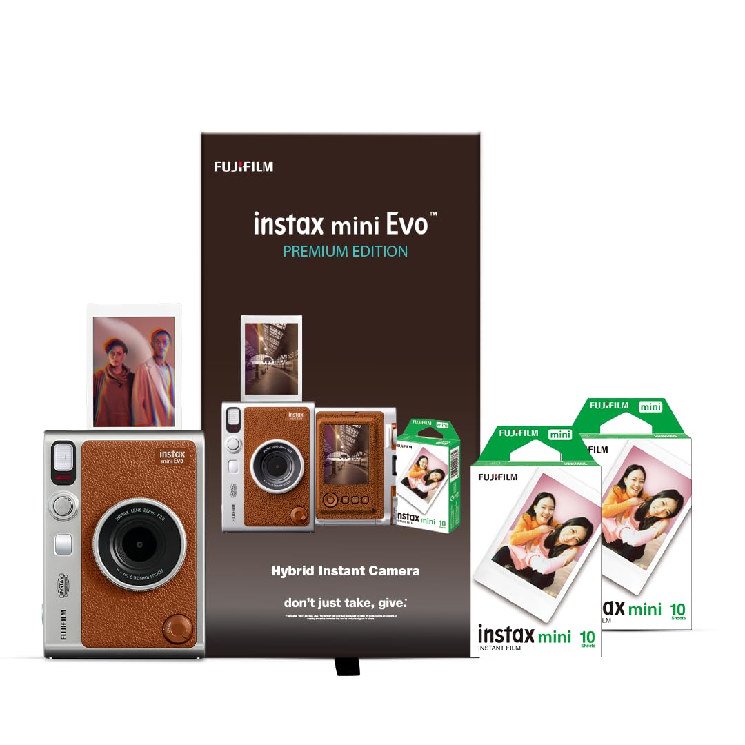 Fujifilm Instax Mini Evo Hybrid Camera Premium Edition with 20 Shots of Instax Mini Black Film and 100 Different Expressions-(Brown)