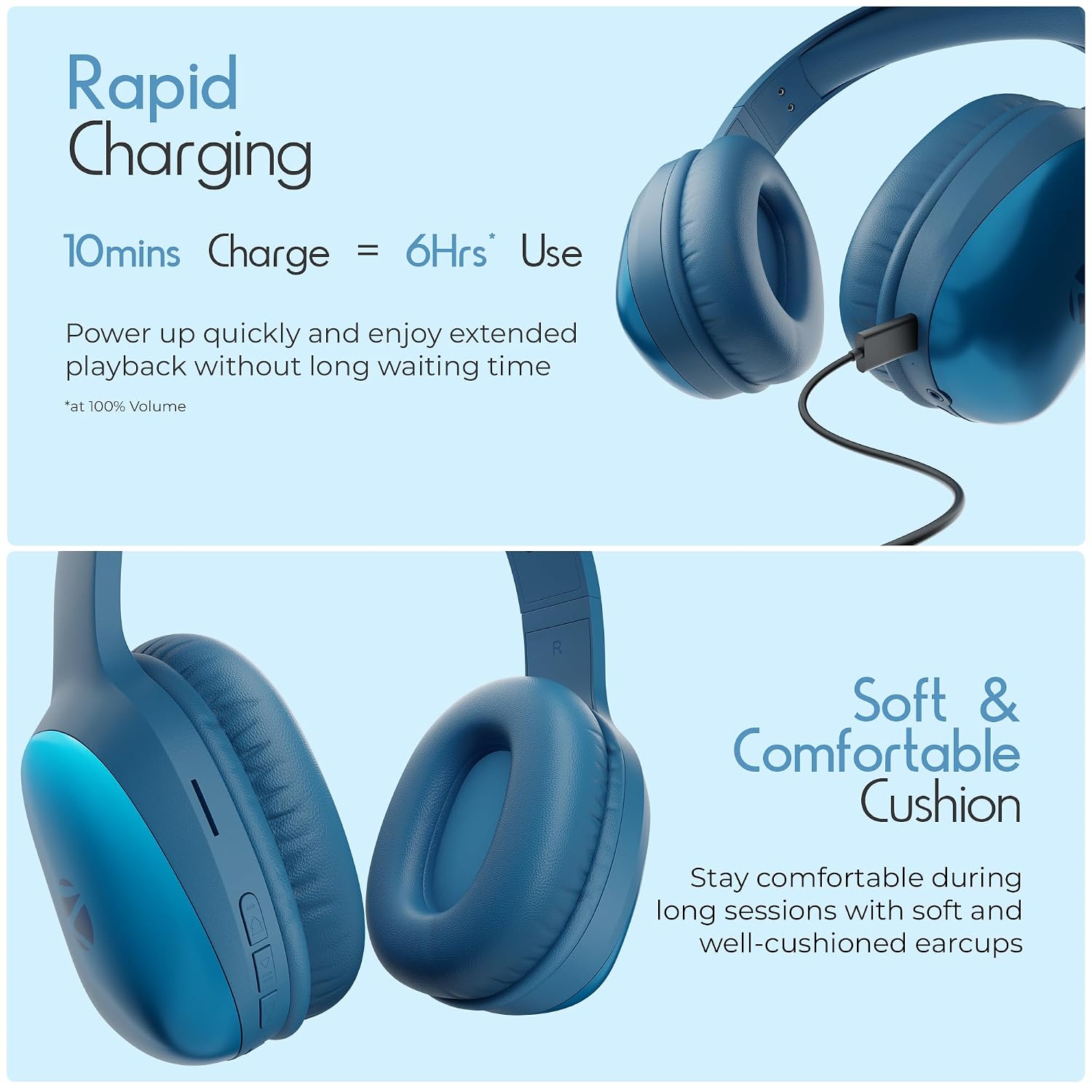 Zebronics Thunder Pro (2026 Upgrade) Wireless Headphones, BT v6.0, Up to 60h Playback, Dual Pairing, 40mm Drivers, ENC, Gaming Mode, Deep Bass, AUX & microSD, Rapid Charging (Blue) - Image 4