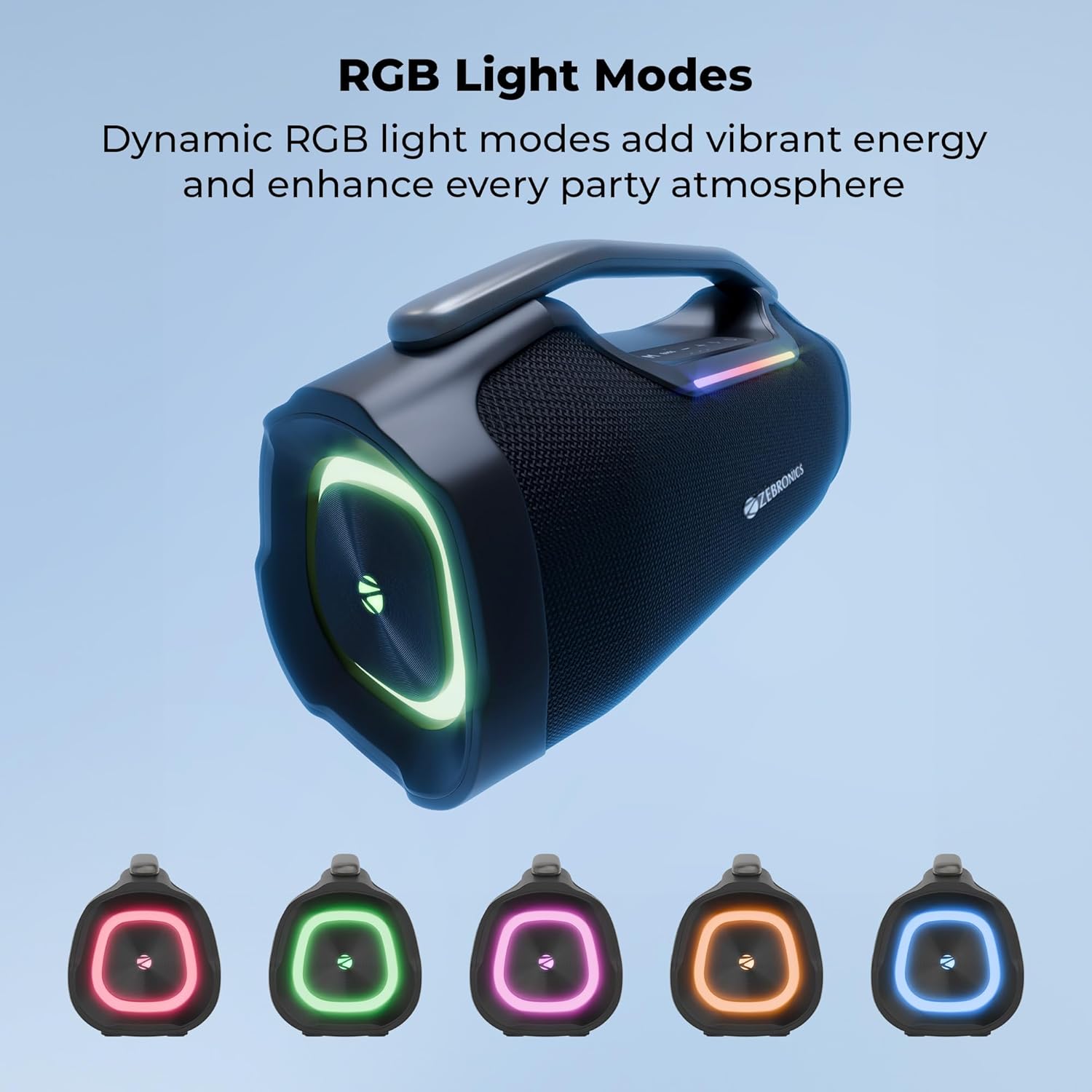 ZEBRONICS 2026 Launch 50W Bluetooth Speaker, Dual 5.7cm Drivers, 8.9cm Subwoofer, Upto 5Hrs Playback, Dual Passive Radiators, RGB Modes, 6.3mm Mic Input, TWS, BT v5.3, Type-C (Sound Feast 450) - Image 5