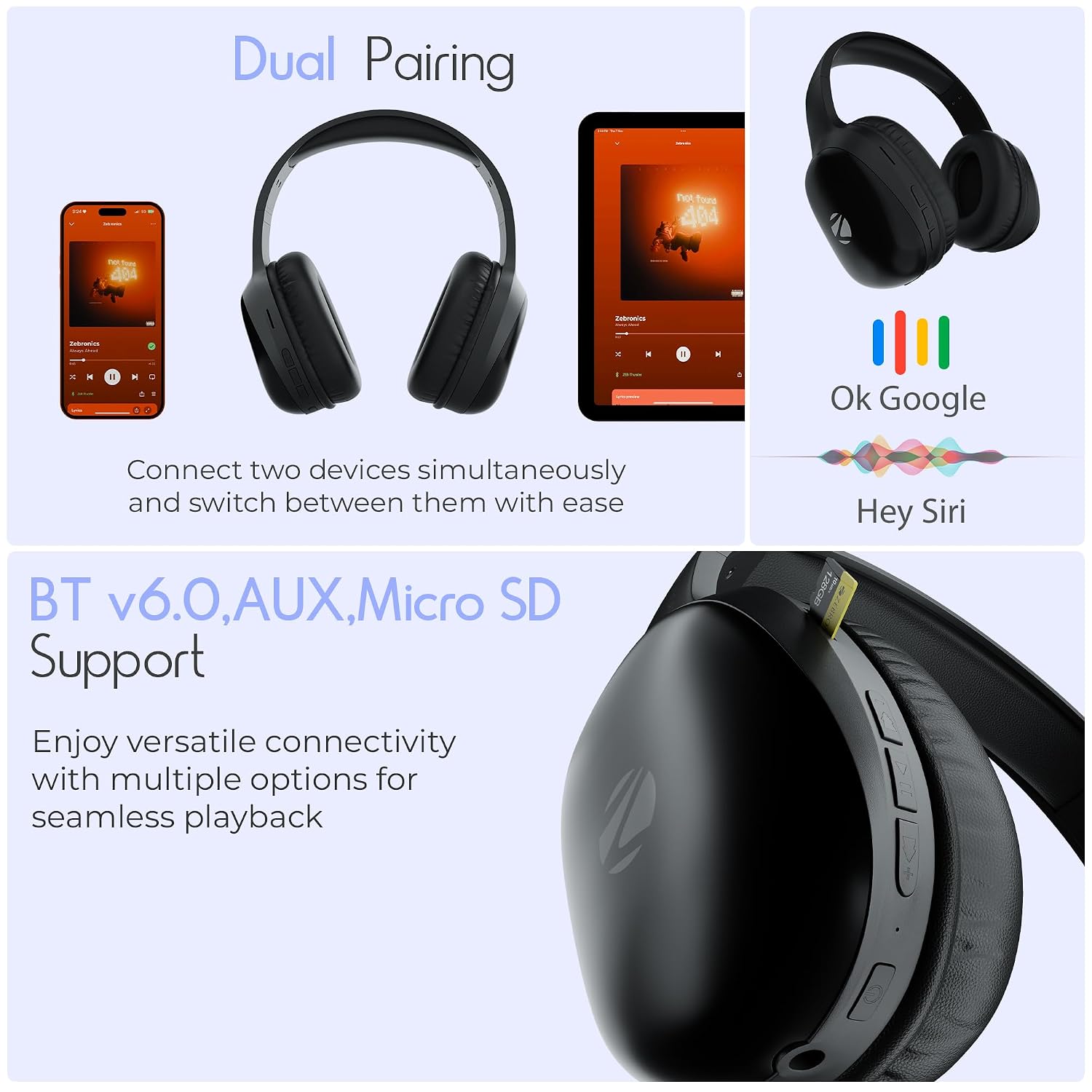 Zebronics Thunder Pro (2026 Upgrade) Wireless Headphones, BT v6.0, Up to 60h Playback, Dual Pairing, 40mm Drivers, ENC, Gaming Mode, Deep Bass, AUX & microSD, Rapid Charging (Black) - Image 5