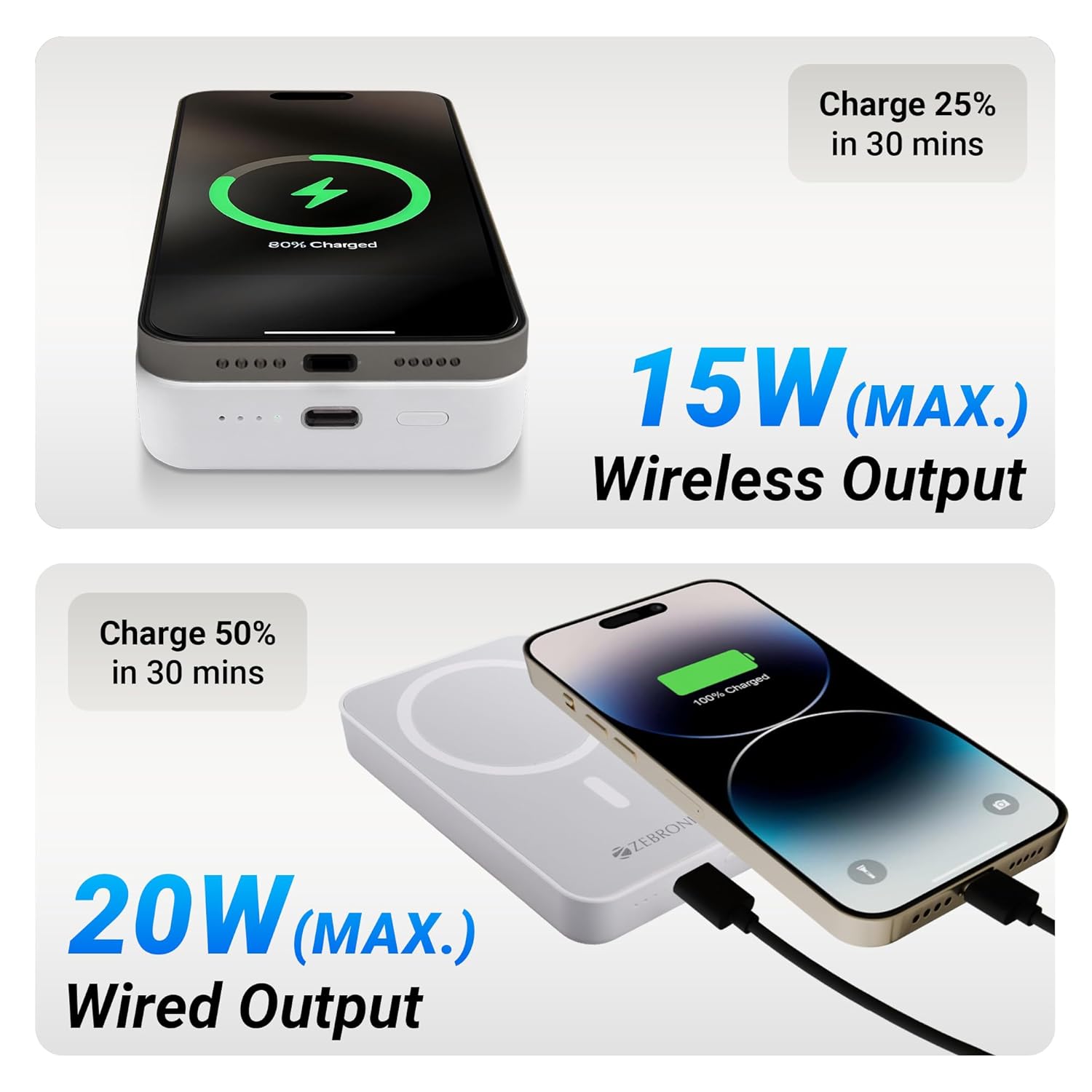 ZEBRONICS MW63 Wireless Power Bank, 10000 mAh, Rapid Charge, Magsafe, Outputs - 20W Wired | 15W Wireless, Type C PD, Built in Protections, LED Indicator, Compatible with iPhone, Made in India - Image 3