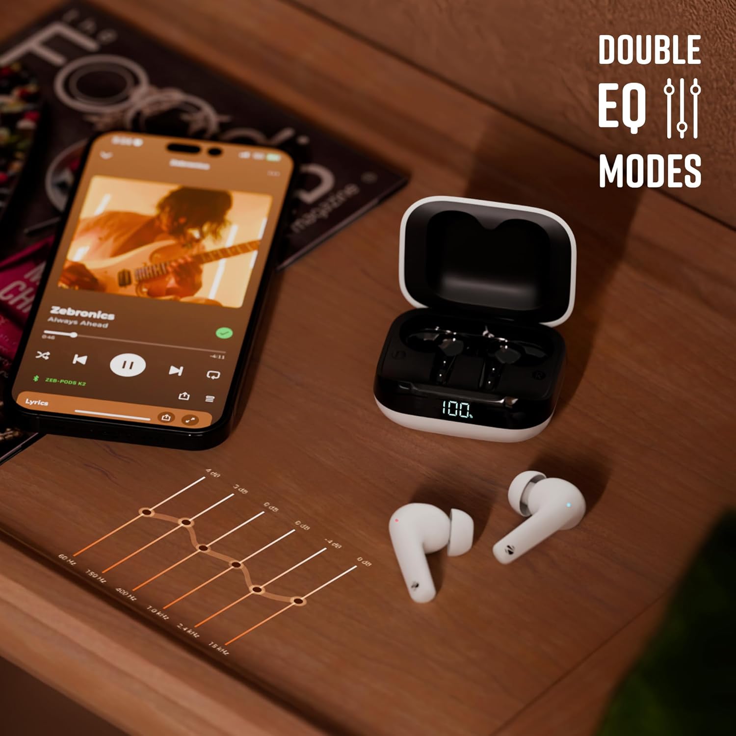 ZEBRONICS PODS K2 in Ear Wireless Earbuds, Upto 40 Hrs Backup, Dual EQ, Quad MIC ENC, 10mm Bass Drivers, Fast Charging, Bluetooth, Flash Connect,40ms Low Latency Gaming, LED Battery Indicator(White) - Image 3