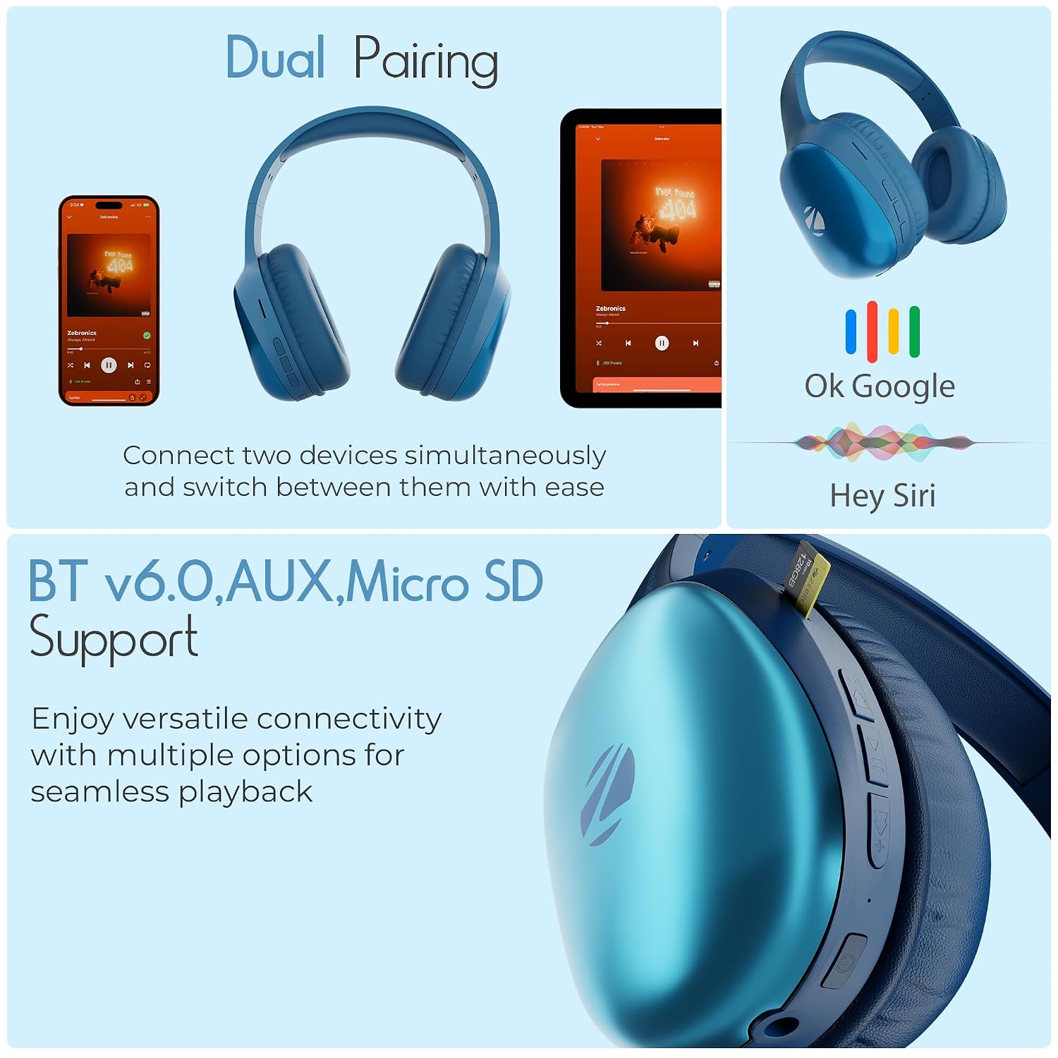 Zebronics Thunder Pro (2026 Upgrade) Wireless Headphones, BT v6.0, Up to 60h Playback, Dual Pairing, 40mm Drivers, ENC, Gaming Mode, Deep Bass, AUX & microSD, Rapid Charging (Blue) - Image 5