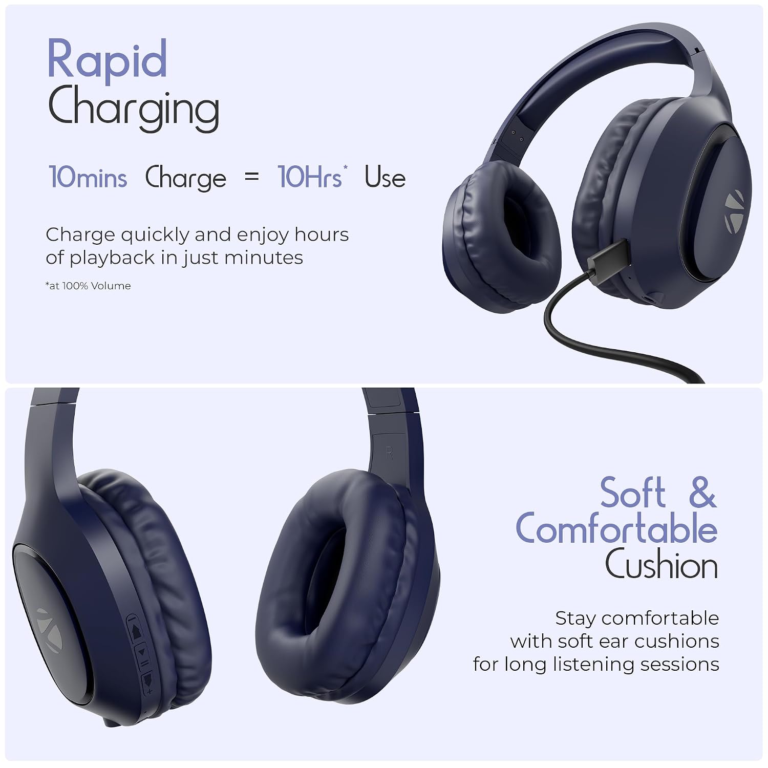 Zebronics Thunder Neo (2026 Upgrade) Wireless Headphone, BT v6.0, True 50hrs Playback, 40mm Driver, ENC, Rapid Charge, Gaming Mode, Dual Pairing, 3 EQ Modes, AUX, Voice Assistant (Blue) - Image 3