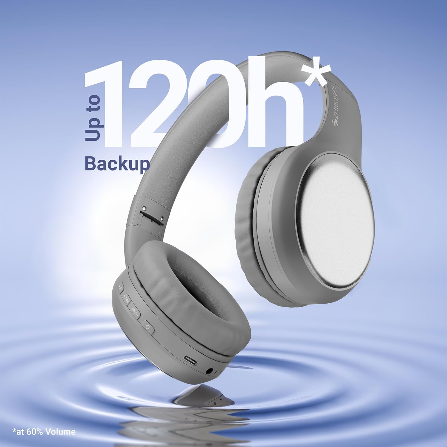 Zebronics Thunder Max (2026 Upgrade) Wireless Headphones, BT v6.0, Up to 120hrs Playback, 40mm Drivers, ENC, Gaming Mode, Dual Pairing, AUX, Rapid Charge, 3 EQ Modes, Voice Assistant (Grey) - Image 2