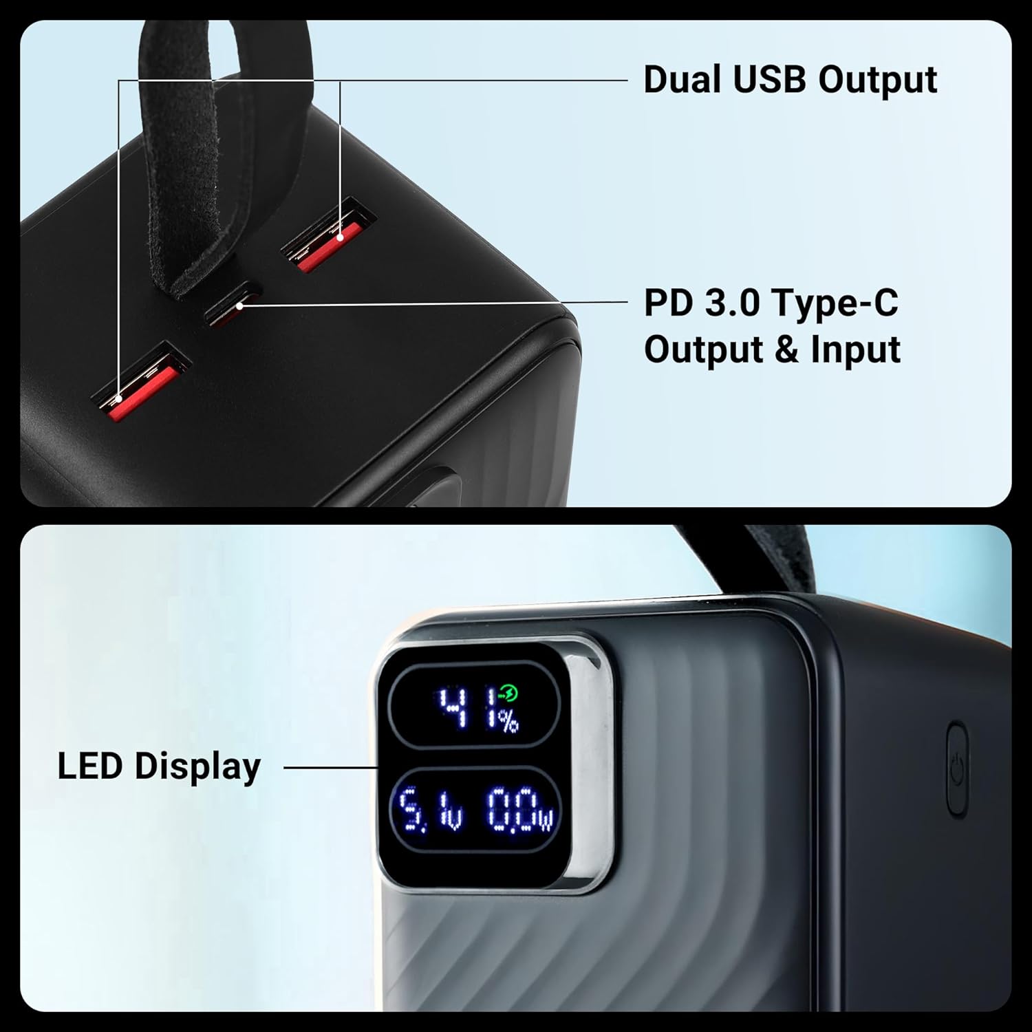ZEBRONICS EnergiPOD 50R1 Power Bank, 50000 mAh, 22.5W, PD 3.0 Type C, Rapid Charging, Outputs - Type C | Dual USB A, LED Display, Auto Protections, Made in India (Black) - Image 4