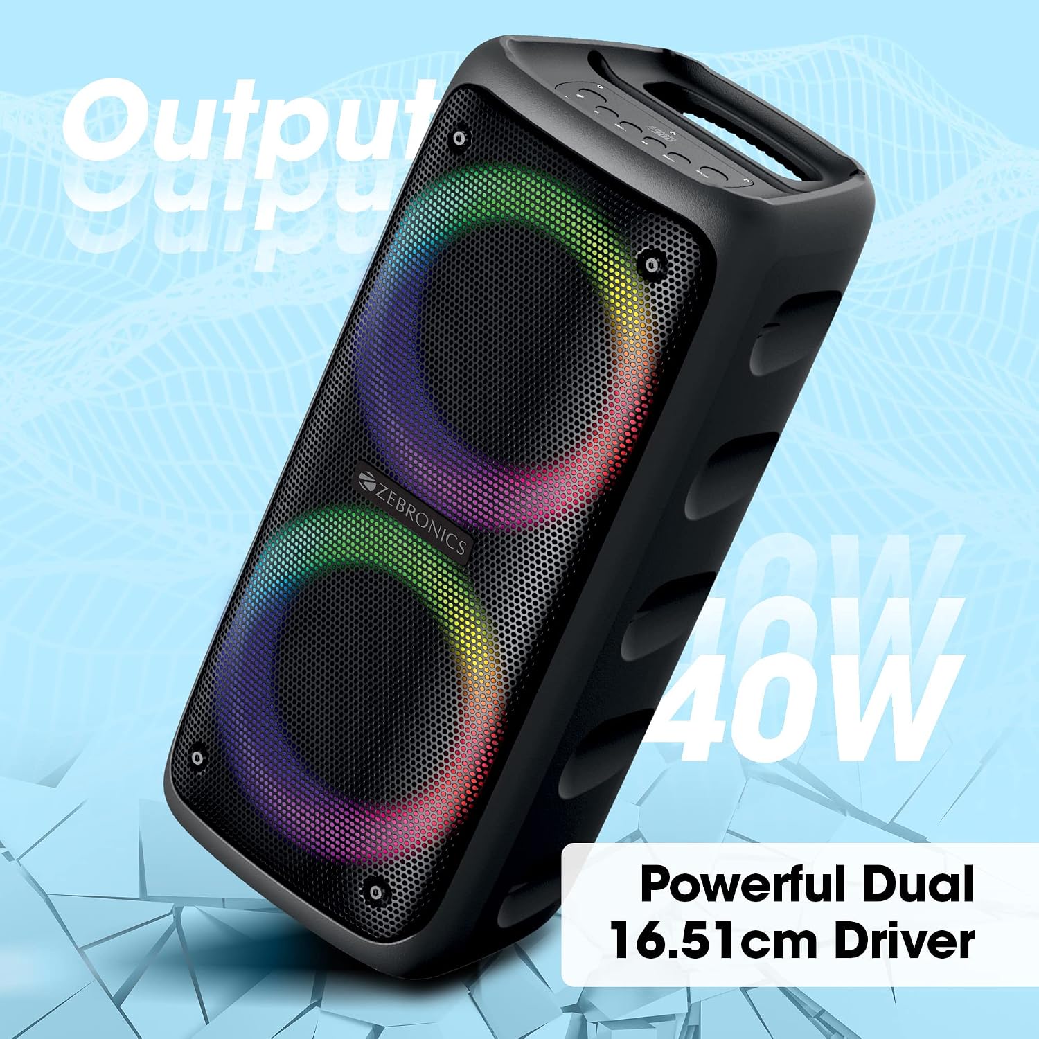 ZEBRONICS Barrel 200 Bluetooth 5.0 Portable Speaker with 40W RMS, TWS, Wired Mic, Karaoke, RGB Lights, Mobile Holder, Dual 6.5" Drivers, Carry Handle and Built-in Rechargeable Battery - Image 4