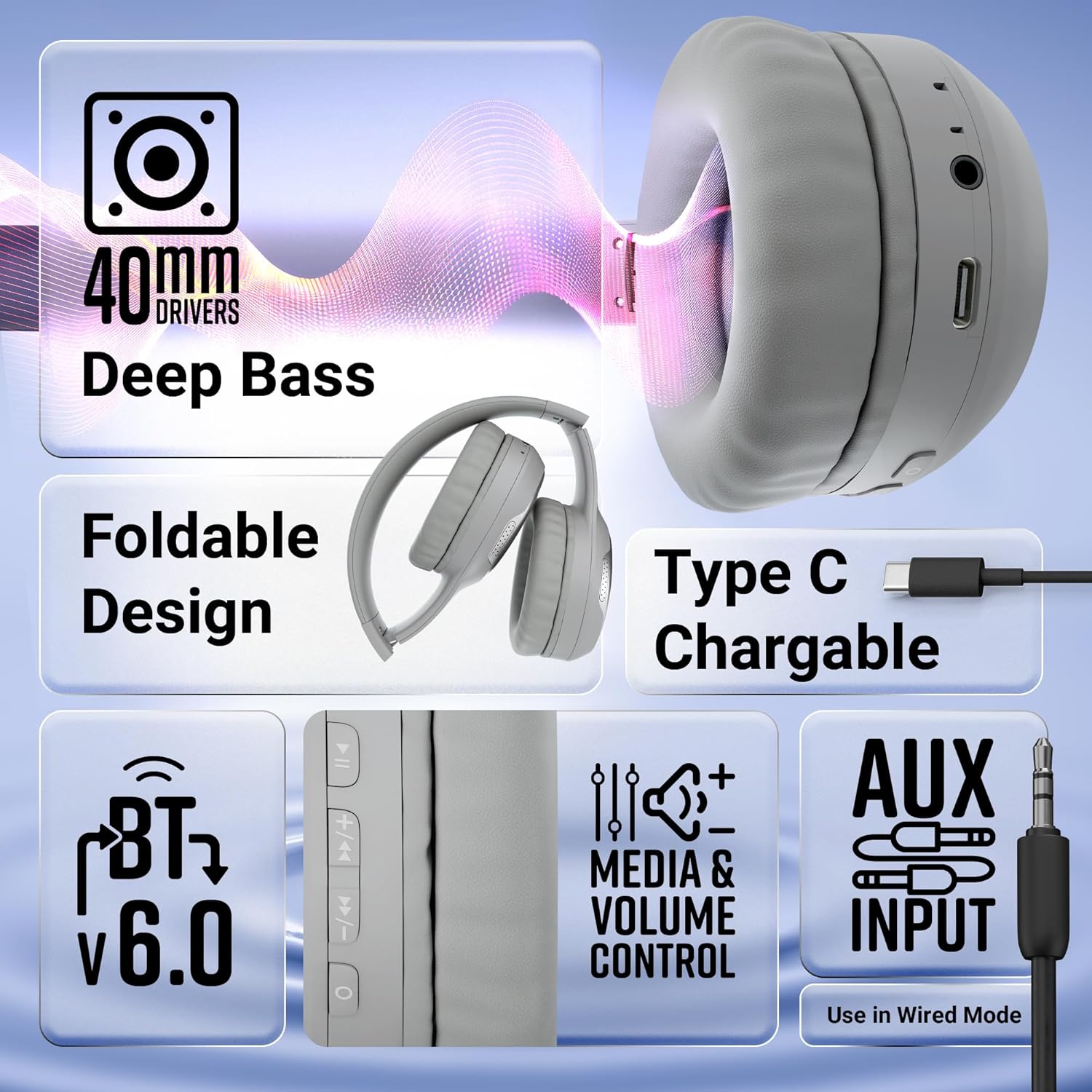 Zebronics Thunder Max (2026 Upgrade) Wireless Headphones, BT v6.0, Up to 120hrs Playback, 40mm Drivers, ENC, Gaming Mode, Dual Pairing, AUX, Rapid Charge, 3 EQ Modes, Voice Assistant (Grey) - Image 3