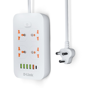 D-Link Power Strip with 4 Universal Sockets with Child Security + 5 USB Ports + 1 Type-C Port, High Temperature Fuse Protector, 1500W with 2 Meter Cable, 250 Volts, White