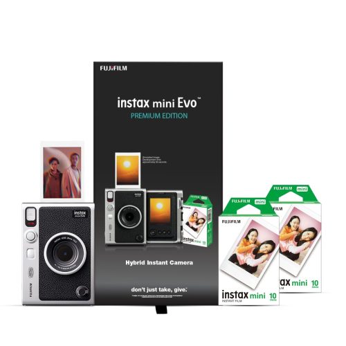 Fujifilm Instax Mini Evo Hybrid Camera Premium Edition with 20 Shots of Stone Gray Film and 100 Different Expressions-(Black)