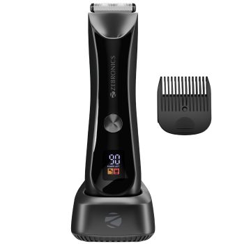 Zebronics HT300B Body Trimmer for Men, 90min Runtime, IPX6 Waterproof, LED Spotlight, Type-C Rechargeable, Corded & Cordless, Self-Sharpening Stainless Steel Blades, Charging Dock (Black)