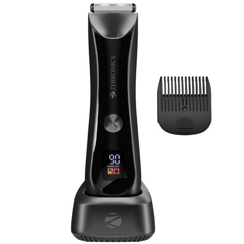 Zebronics HT300B Body Trimmer for Men, 90min Runtime, IPX6 Waterproof, LED Spotlight, Type-C Rechargeable, Corded & Cordless, Self-Sharpening Stainless Steel Blades, Charging Dock (Black)