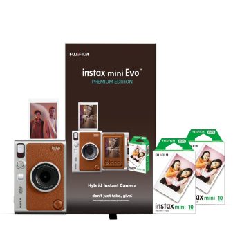 Fujifilm Instax Mini Evo Hybrid Camera Premium Edition with 20 Shots of Instax Mini Black Film and 100 Different Expressions-(Brown)