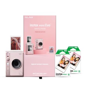 Fujifilm Instax Mini Evo Hybrid Camera Premium Edition with 20 Shots of mini Film Confetti – (Gentle Rose)